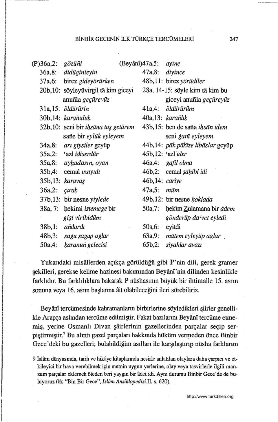 38a,7: bekimi istemege bir gişi viribidüm 38b, 1: aiidurdı 48b,3: şagu şagup aglar 50a,4: karanun gelecisi (Beyanı)47 a,5: liyıne 47 a, 8: diyince 48b, 11: birez yörüdiler 28a, 14-15: söylekim takim