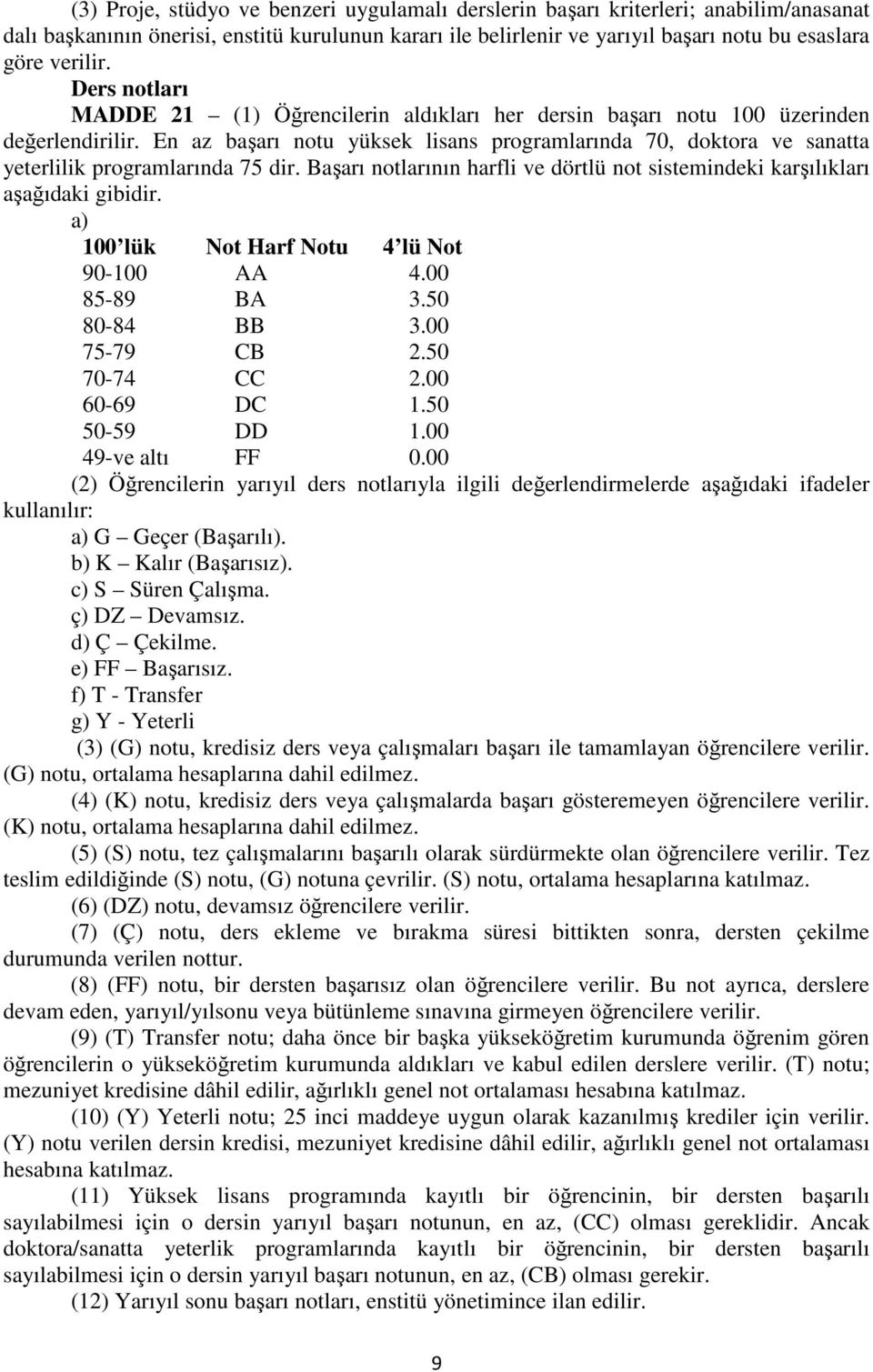 En az başarı notu yüksek lisans programlarında 70, doktora ve sanatta yeterlilik programlarında 75 dir. Başarı notlarının harfli ve dörtlü not sistemindeki karşılıkları aşağıdaki gibidir.