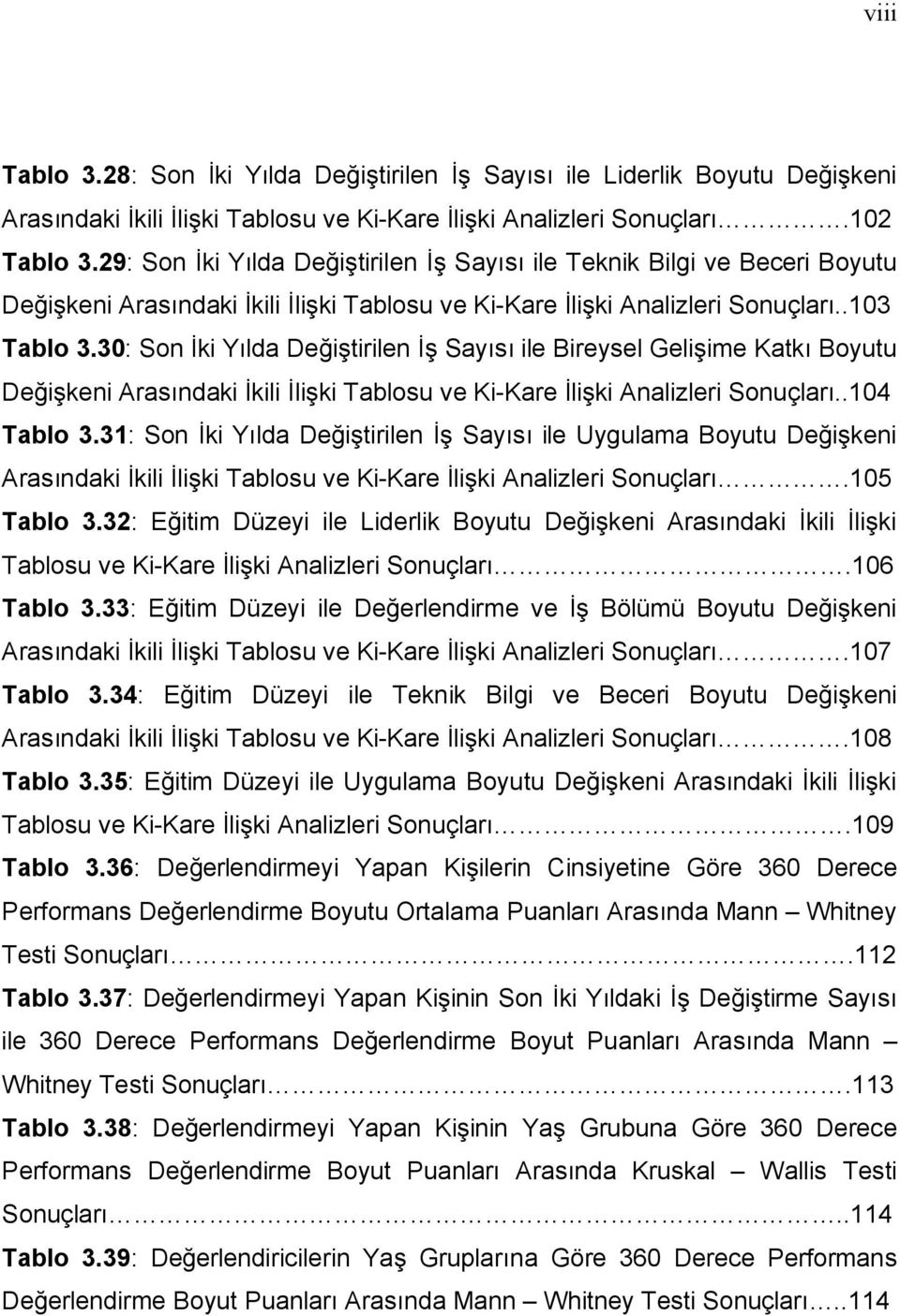 30: Son İki Yılda Değiştirilen İş Sayısı ile Bireysel Gelişime Katkı Boyutu Değişkeni Arasındaki İkili İlişki Tablosu ve Ki-Kare İlişki Analizleri Sonuçları..104 Tablo 3.