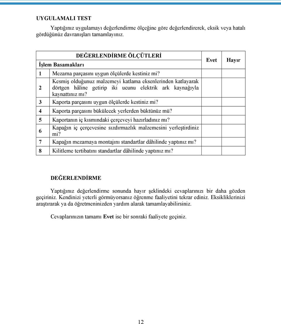 Kesmiş olduğunuz malzemeyi katlama eksenlerinden katlayarak 2 dörtgen hâline getirip iki ucunu elektrik ark kaynağıyla kaynattınız mı? 3 Kaporta parçasını uygun ölçülerde kestiniz mi?