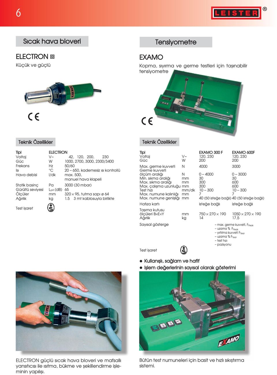 3 mt kablosuyla birlikte Test iæaret EXAMO 300 F EXAMO 600F Voltaj V~ 120, 230 120, 230 Güc W 200 200 Max. germe kuvveti N 4000 3000 Germe kuvveti ölçüm aralı@ı N 0 4000 0 3000 Min.