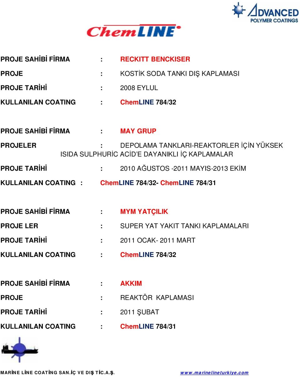 MAYIS-2013 EK M - ChemLINE 784/31 PROJE SAH F RMA : MYM YATÇILIK PROJE LER : SUPER YAT YAKIT TANKI KAPLAMALARI PROJE TAR :