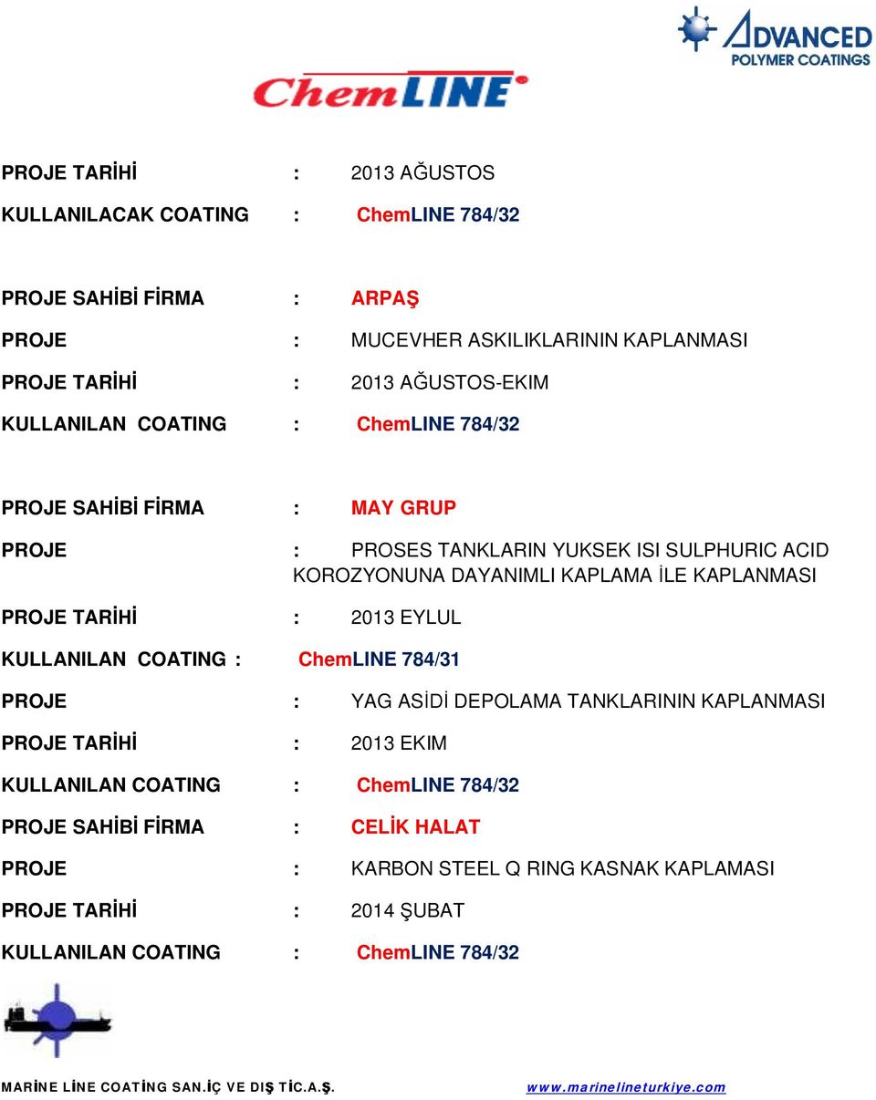KAPLAMA LE KAPLANMASI PROJE TAR : 2013 EYLUL KULLANILAN COATING : ChemLINE 784/31 PROJE : YAG AS DEPOLAMA
