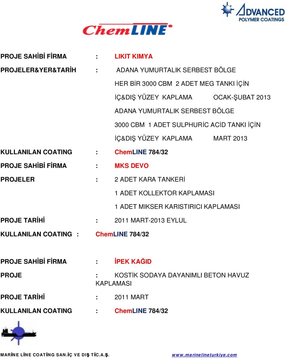 2013 PROJE SAH F RMA : MKS DEVO PROJELER : 2 ADET KARA TANKER 1 ADET KOLLEKTOR KAPLAMASI 1 ADET MIKSER KARISTIRICI KAPLAMASI