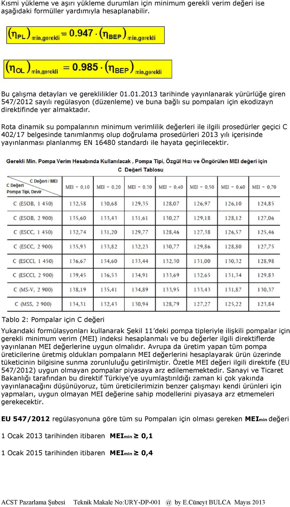 Rota dinamik su pompalarının minimum verimlilik değerleri ile ilgili prosedürler geçici C 402/17 belgesinde tanımlanmış olup doğrulama prosedürleri 2013 yılı içerisinde yayınlanması planlanmış EN