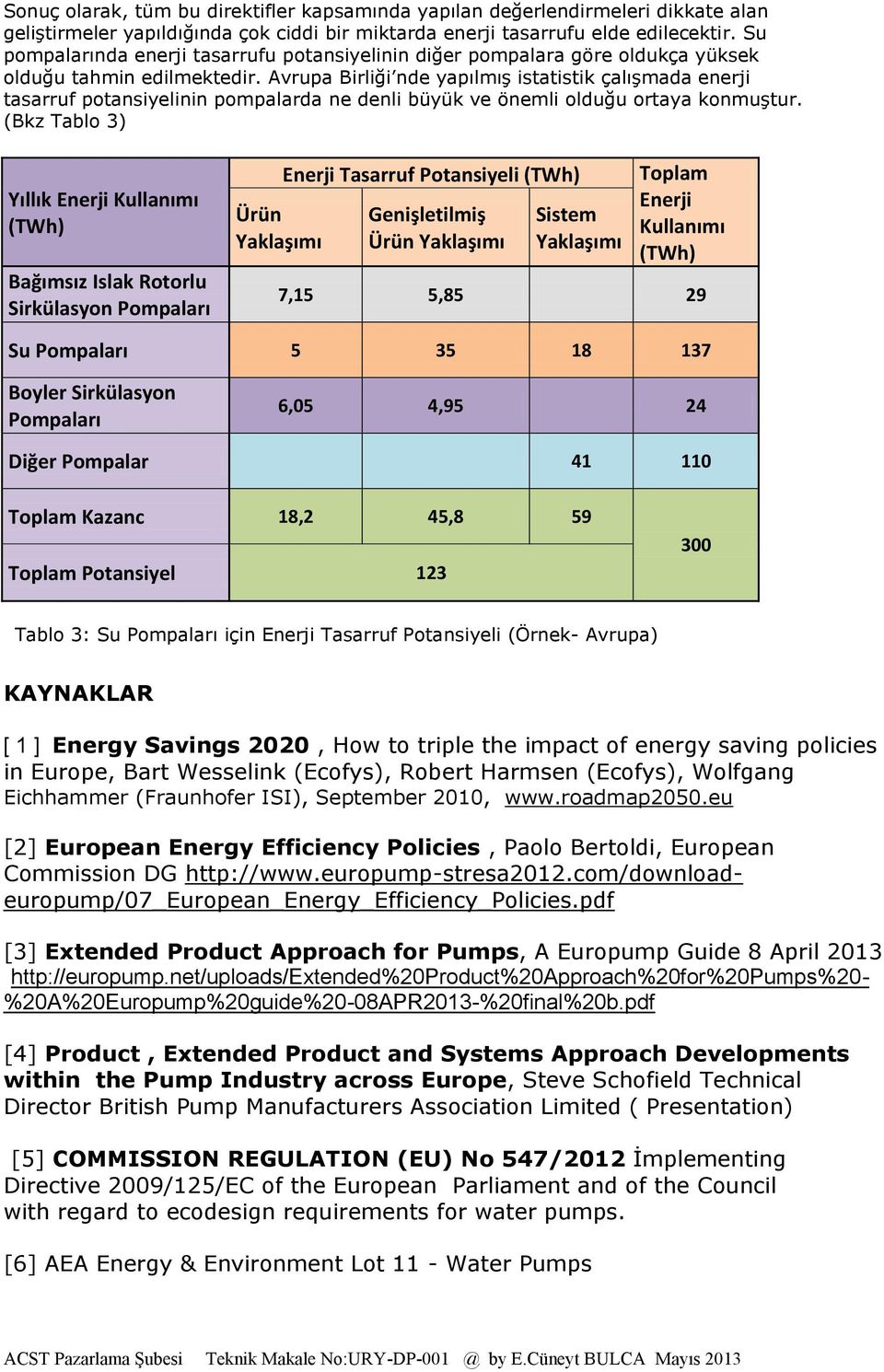 Avrupa Birliği nde yapılmış istatistik çalışmada enerji tasarruf potansiyelinin pompalarda ne denli büyük ve önemli olduğu ortaya konmuştur.