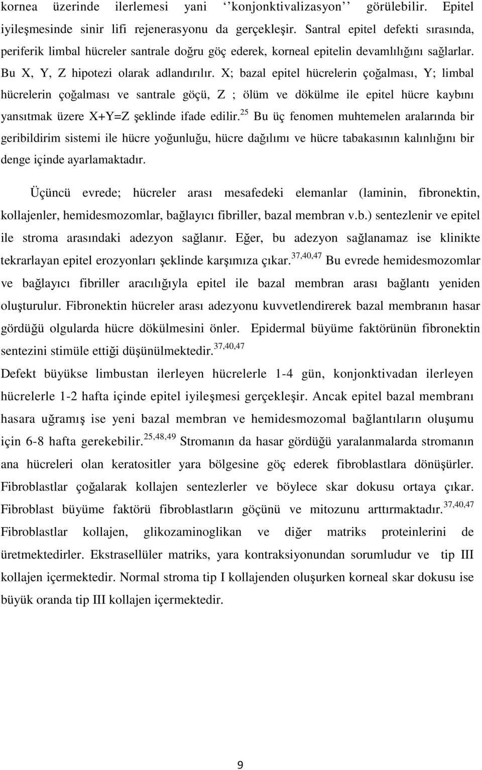 X; bazal epitel hücrelerin çoğalması, Y; limbal hücrelerin çoğalması ve santrale göçü, Z ; ölüm ve dökülme ile epitel hücre kaybını yansıtmak üzere X+Y=Z şeklinde ifade edilir.