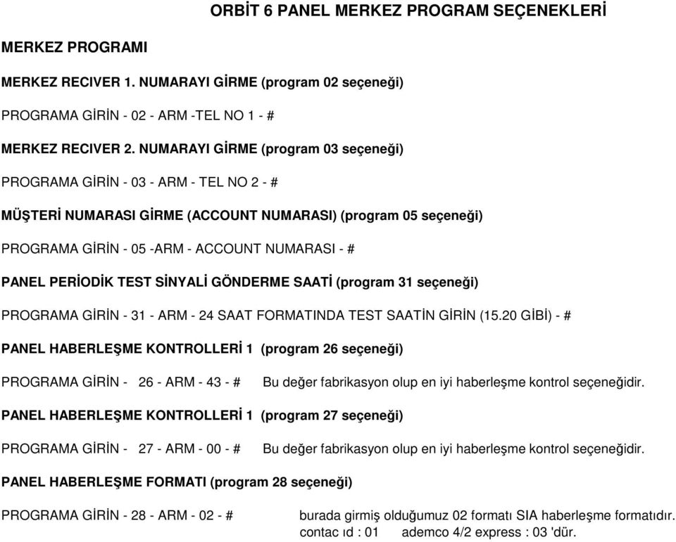 PERĐODĐK TEST SĐNYALĐ GÖNDERME SAATĐ (program 31 seçeneği) PROGRAMA GĐRĐN - 31 - ARM - 24 SAAT FORMATINDA TEST SAATĐN GĐRĐN (15.