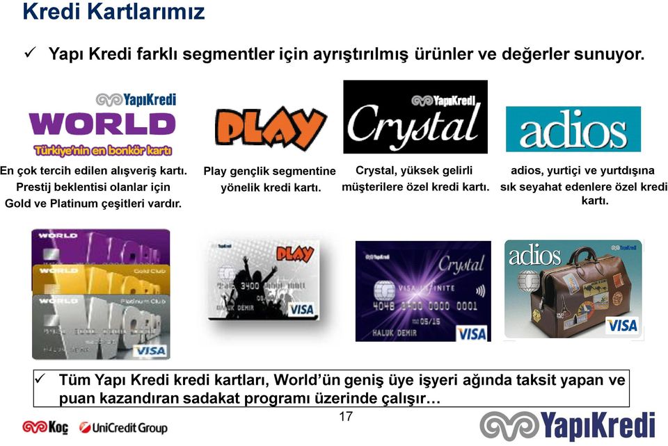 Play gençlik segmentine yönelik kredi kartı. Crystal, yüksek gelirli müşterilere özel kredi kartı.