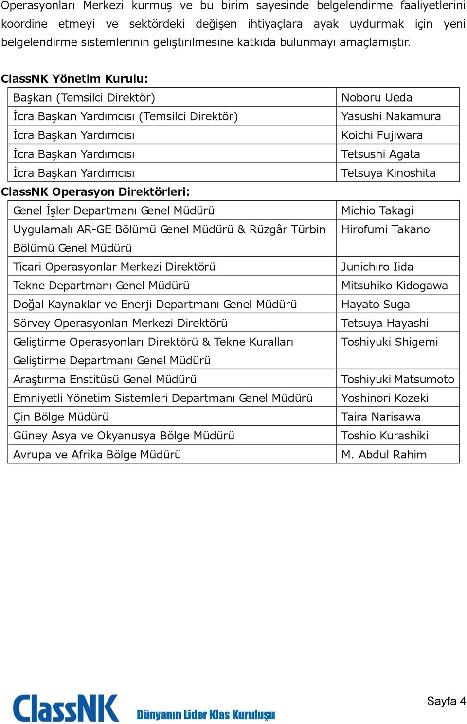 ClassNK Yönetim Kurulu: Başkan (Temsilci Direktör) İcra Başkan Yardımcısı (Temsilci Direktör) İcra Başkan Yardımcısı İcra Başkan Yardımcısı İcra Başkan Yardımcısı ClassNK Operasyon Direktörleri: