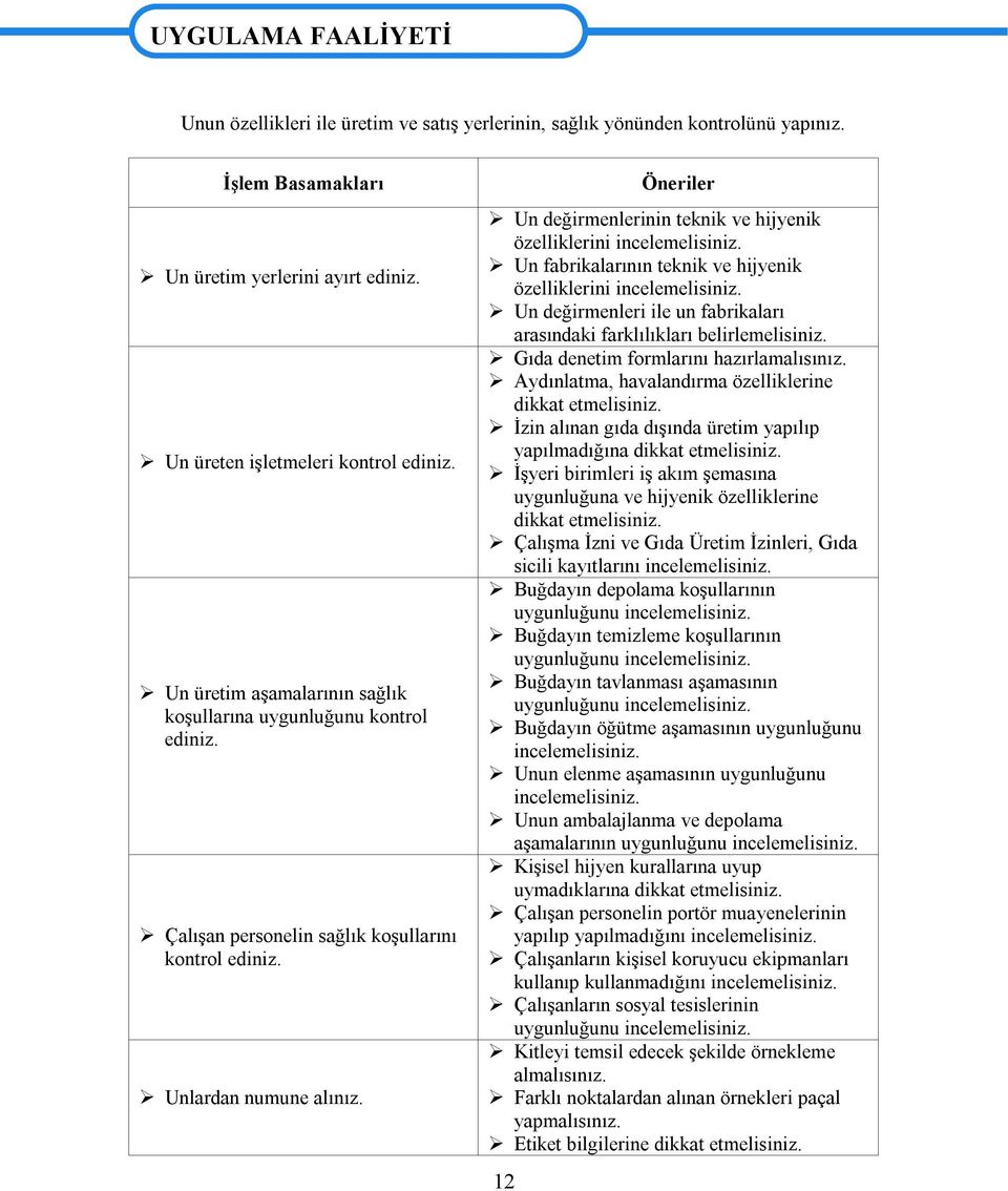 12 Öneriler Un değirmenlerinin teknik ve hijyenik özelliklerini incelemelisiniz. Un fabrikalarının teknik ve hijyenik özelliklerini incelemelisiniz.