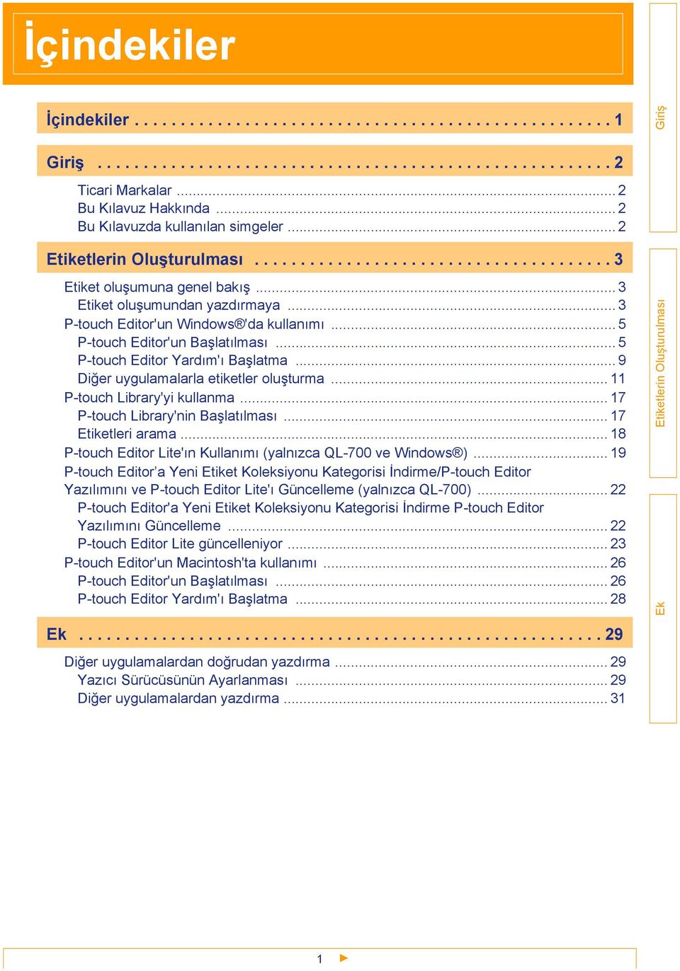 .. 5 P-touch Editor'un Başlatılması... 5 P-touch Editor Yardım'ı Başlatma... 9 Diğer uygulamalarla etiketler oluşturma... 11 P-touch Library'yi kullanma... 17 P-touch Library'nin Başlatılması.