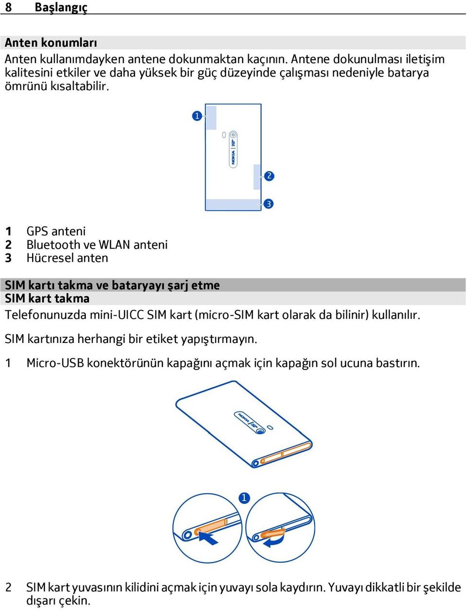 1 GPS anteni 2 Bluetooth ve WLAN anteni 3 Hücresel anten SIM kartı takma ve bataryayı şarj etme SIM kart takma Telefonunuzda mini-uicc SIM kart (micro-sim