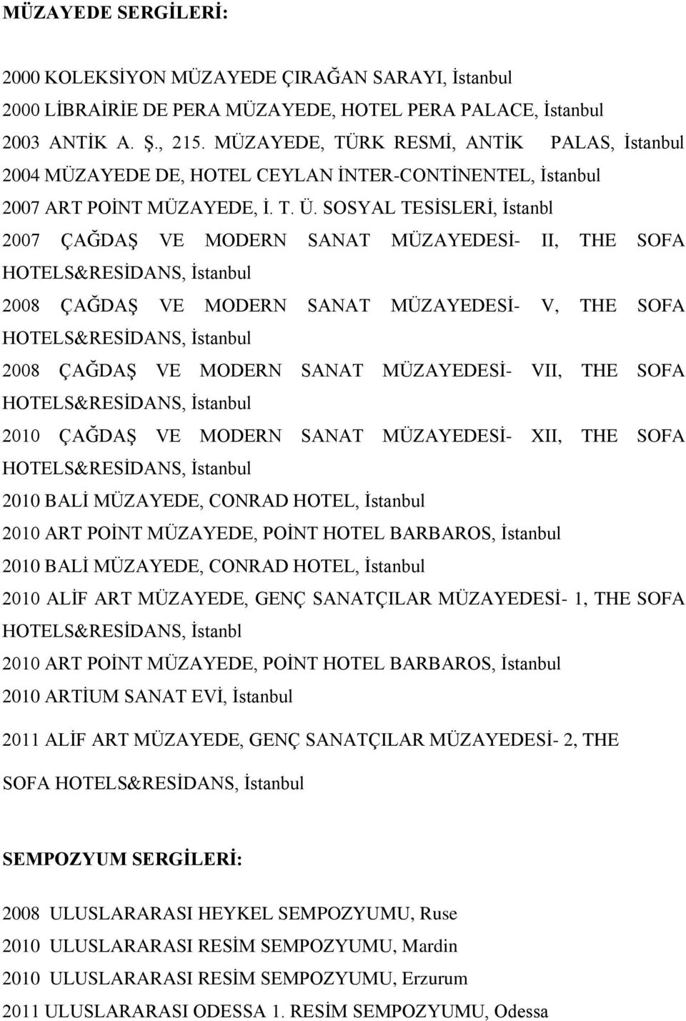 SOSYAL TESİSLERİ, İstanbl 2007 ÇAĞDAŞ VE MODERN SANAT MÜZAYEDESİ- II, THE SOFA 2008 ÇAĞDAŞ VE MODERN SANAT MÜZAYEDESİ- V, THE SOFA 2008 ÇAĞDAŞ VE MODERN SANAT MÜZAYEDESİ- VII, THE SOFA 2010 ÇAĞDAŞ VE