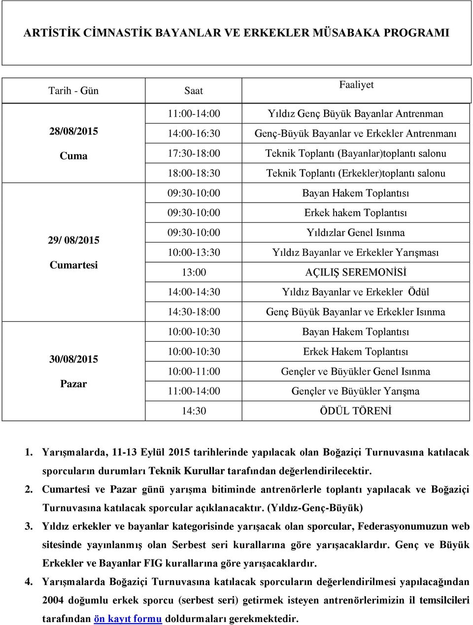 Erkek hakem Toplantısı 09:30-10:00 Yıldızlar Genel Isınma 10:00-13:30 Yıldız Bayanlar ve Erkekler Yarışması 13:00 AÇILIŞ SEREMONİSİ 14:00-14:30 Yıldız Bayanlar ve Erkekler Ödül 14:30-18:00 Genç Büyük