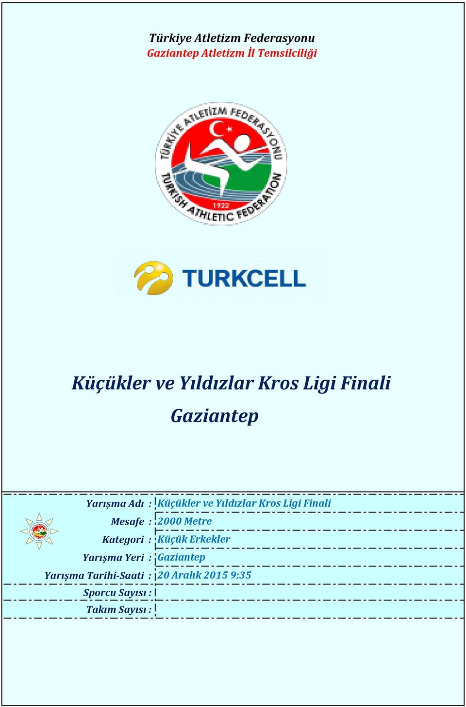 Mesafe : Kategori : Yarışma Yeri : Yarışma Tarihi-Saati : Sporcu