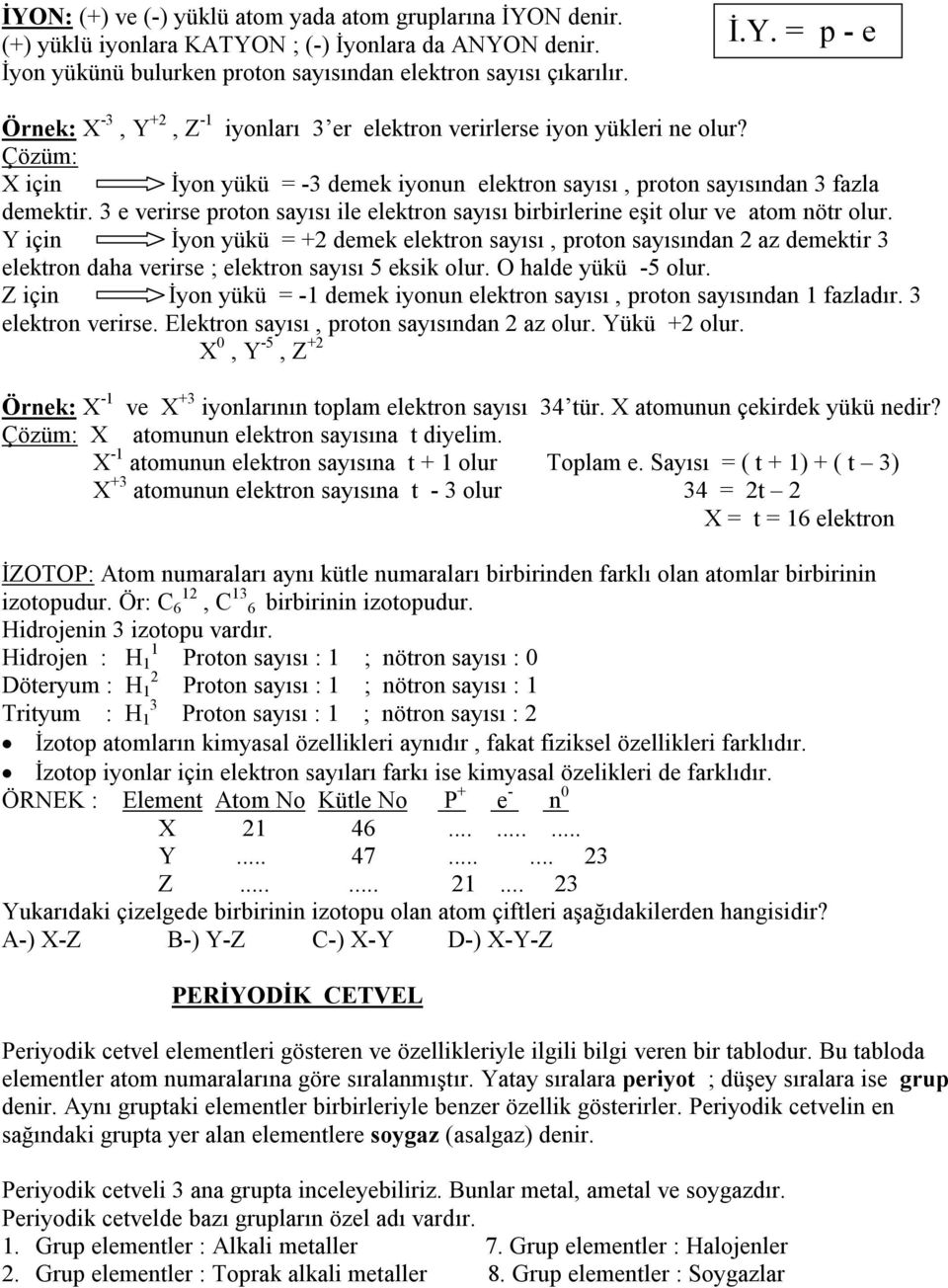 Y için İyon yükü = +2 demek elektron sayısı, proton sayısından 2 az demektir 3 elektron daha verirse ; elektron sayısı 5 eksik olur. O halde yükü -5 olur.