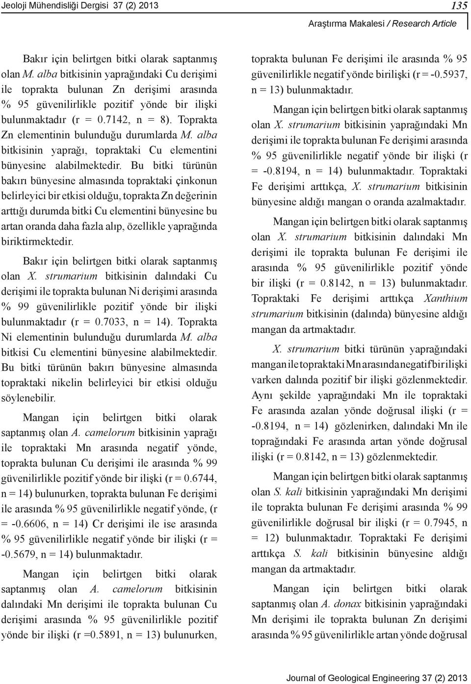 Toprakta Zn elementinin bulunduğu durumlarda M. alba bitkisinin yaprağı, topraktaki Cu elementini bünyesine alabilmektedir.