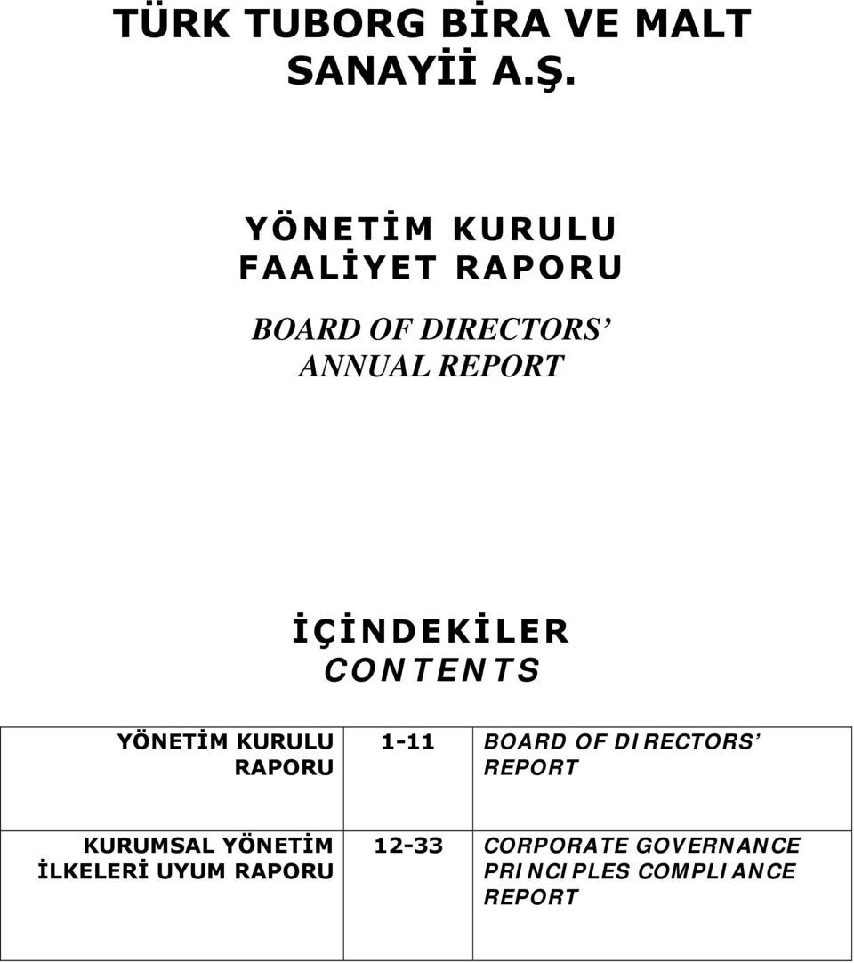 İÇİNDEKİLER CONTENTS YÖNETİM KURULU RAPORU 1-11 BOARD OF DIRECTORS