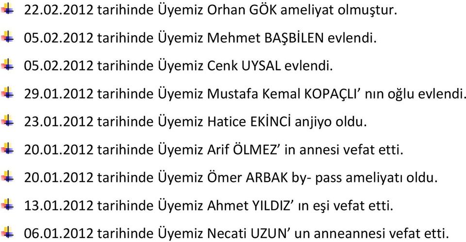 20.01.2012 tarihinde Üyemiz Ömer ARBAK by- pass ameliyatı oldu. 13.01.2012 tarihinde Üyemiz Ahmet YILDIZ ın eşi vefat etti. 06.01.2012 tarihinde Üyemiz Necati UZUN un anneannesi vefat etti.