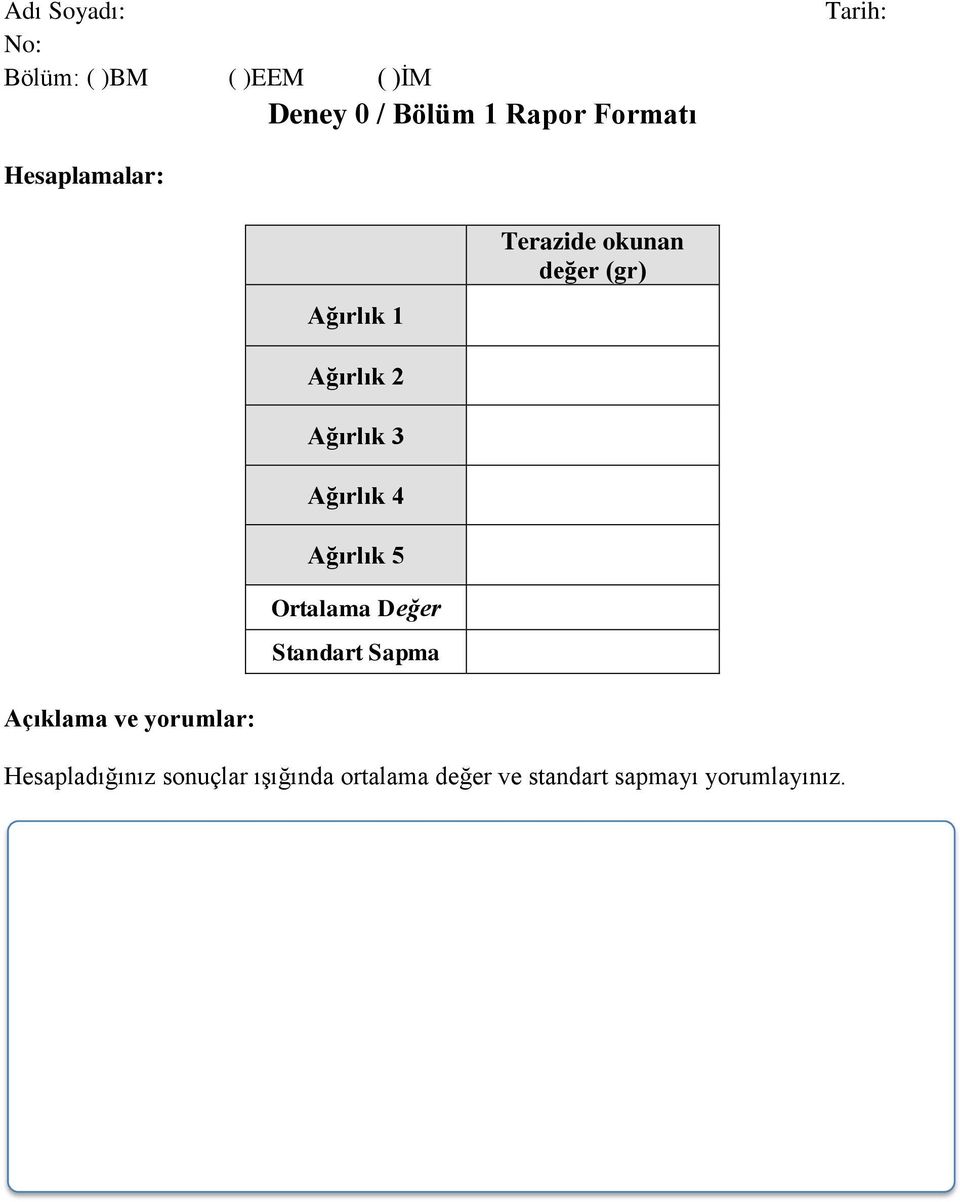 3 Ağırlık 4 Ağırlık 5 Ortalama Değer Standart Sapma Açıklama ve yorumlar: