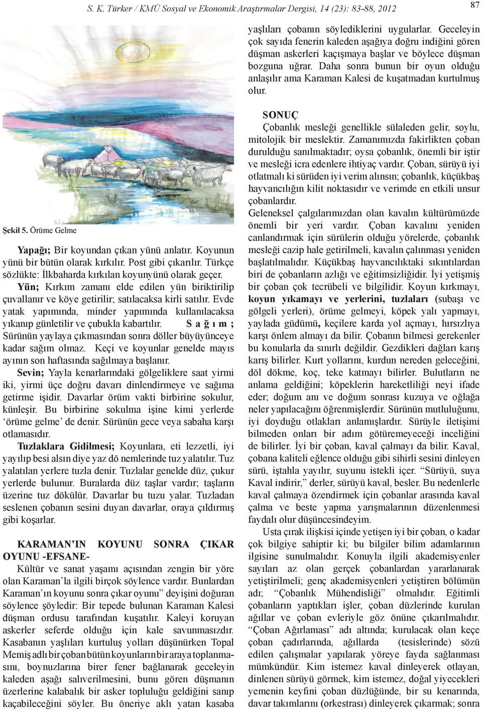 Daha sonra bunun bir oyun olduğu anlaşılır ama Karaman Kalesi de kuşatmadan kurtul muş olur. Şekil 5. Örüme Gelme Yapağı; Bir koyundan çıkan yünü anlatır. Koyunun yünü bir bütün olarak kırkılır.