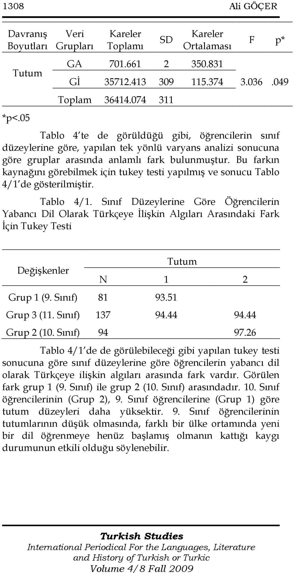 Bu farkın kaynağını görebilmek için tukey testi yapılmış ve sonucu Tablo 4/1 