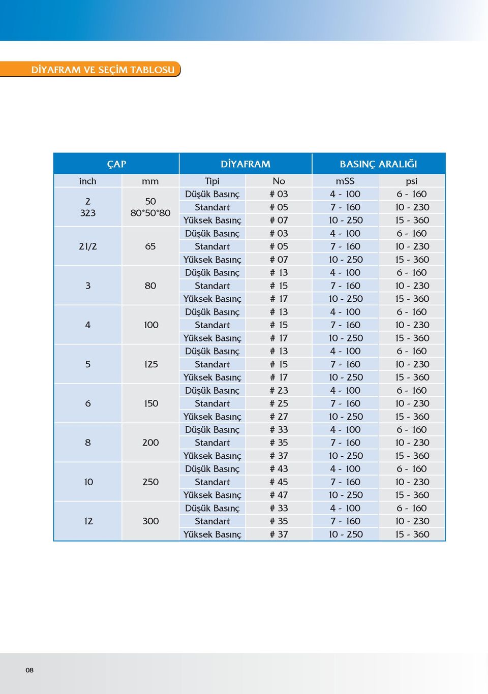4-100 6-160 4 100 Standart # 15 7-160 10-230 Yüksek Basınç # 17 10-250 15-360 Düşük Basınç # 13 4-100 6-160 5 125 Standart # 15 7-160 10-230 Yüksek Basınç # 17 10-250 15-360 Düşük Basınç # 23 4-100