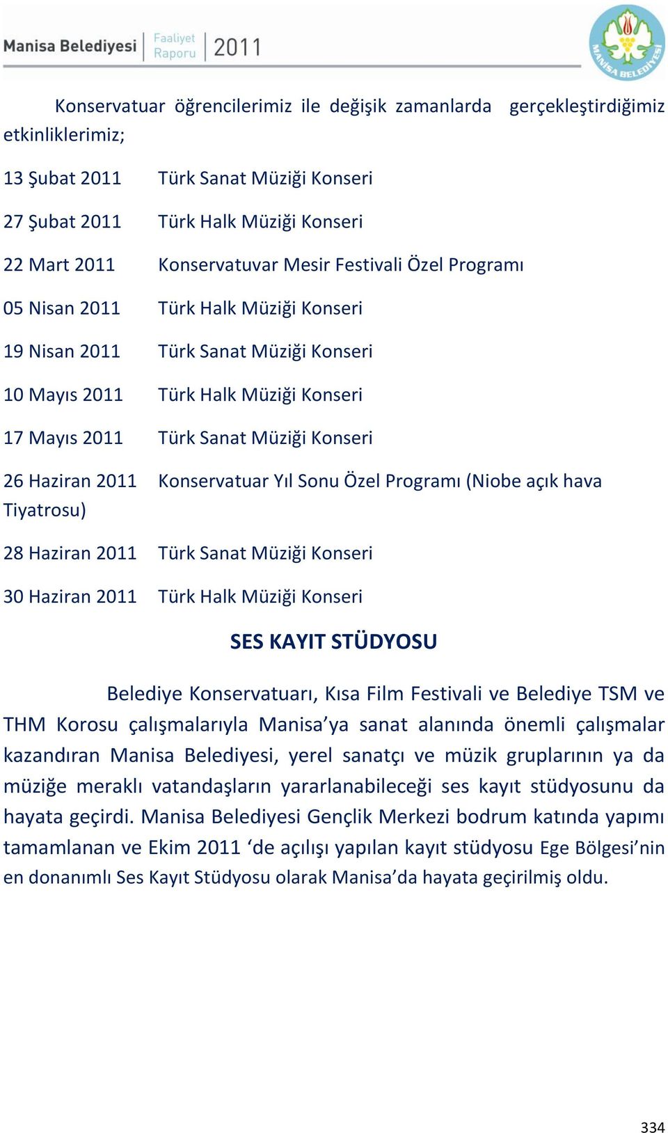 Konservatuar Yıl Sonu Özel Programı (Niobe açık hava Tiyatrosu) 28 Haziran 2011 Türk Sanat Müziği Konseri 30 Haziran 2011 Türk Halk Müziği Konseri SES KAYIT STÜDYOSU Belediye Konservatuarı, Kısa Film