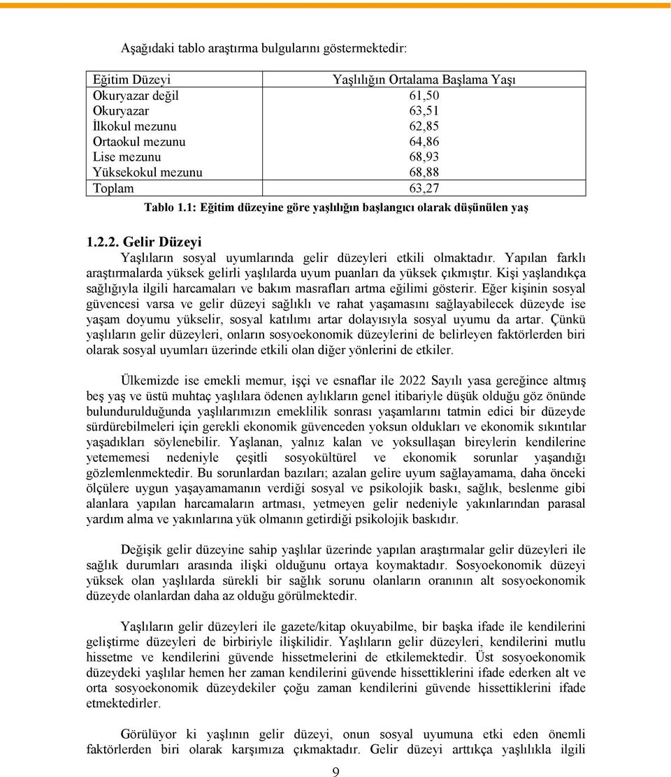 Yapılan farklı araştırmalarda yüksek gelirli yaşlılarda uyum puanları da yüksek çıkmıştır. Kişi yaşlandıkça sağlığıyla ilgili harcamaları ve bakım masrafları artma eğilimi gösterir.