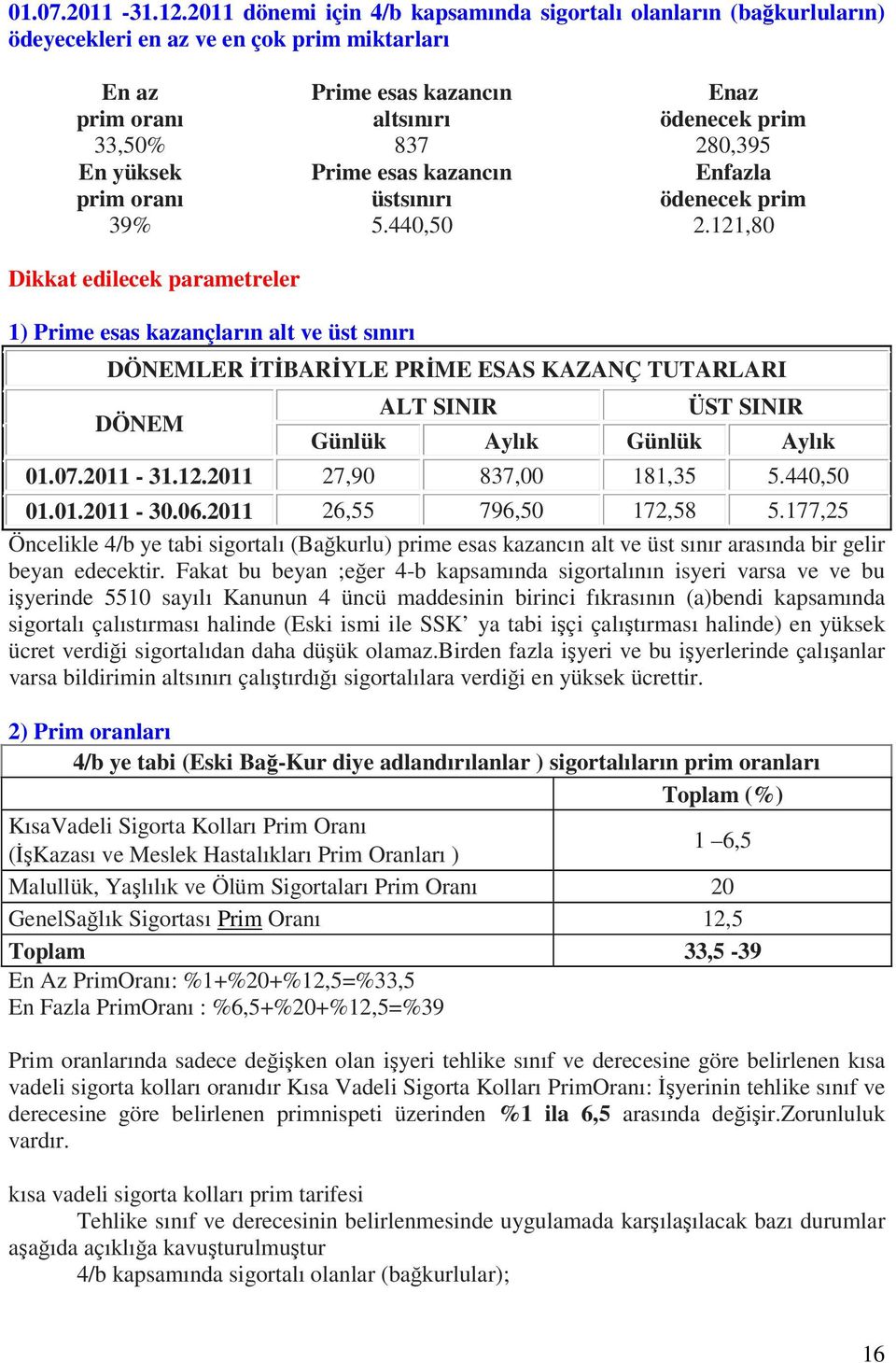 En yüksek Prime esas kazancın Enfazla prim oranı üstsınırı ödenecek prim 39% 5.440,50 2.