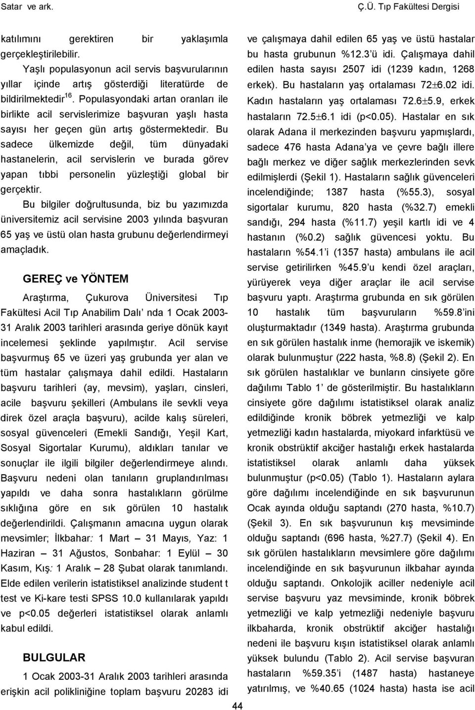 Bu hastaların yaş ortalaması 72±6.02 idi. bildirilmektedir 16. Populasyondaki artan oranları ile birlikte acil servislerimize başvuran yaşlı hasta sayısı her geçen gün artış göstermektedir.