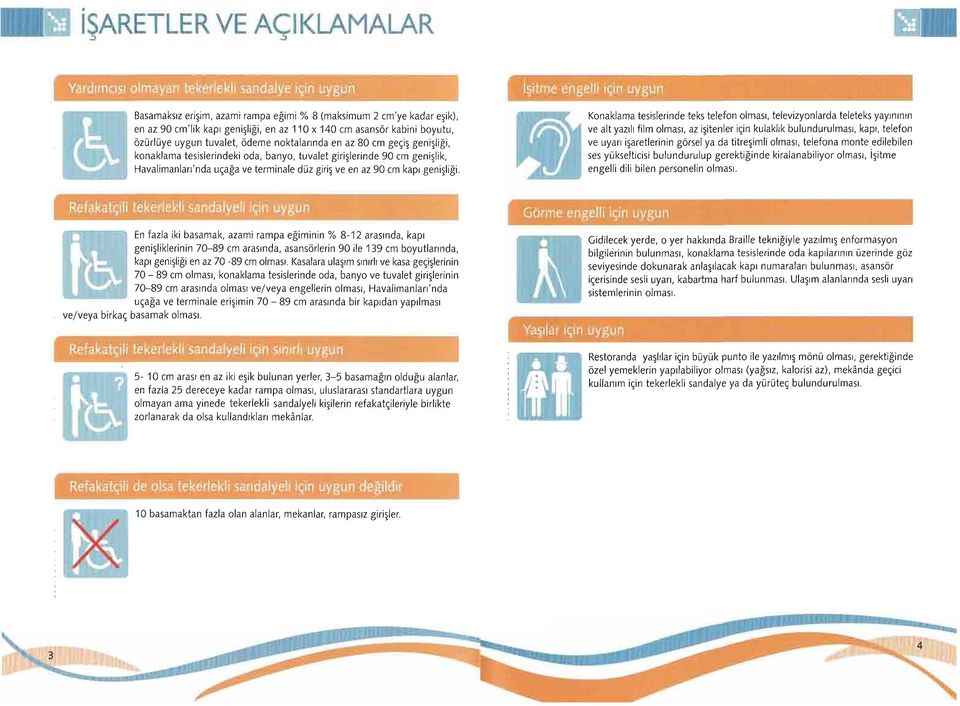 Konaklama tesislerinde teks telefon olmasr, televizyonlarda teleteks yayrnrnrn ve alt yazr film olmasr, az i5itenler iein kulakhk bulundurulmasr, kapr, telefon ve uyan i5aretlerinin gorsel ya da