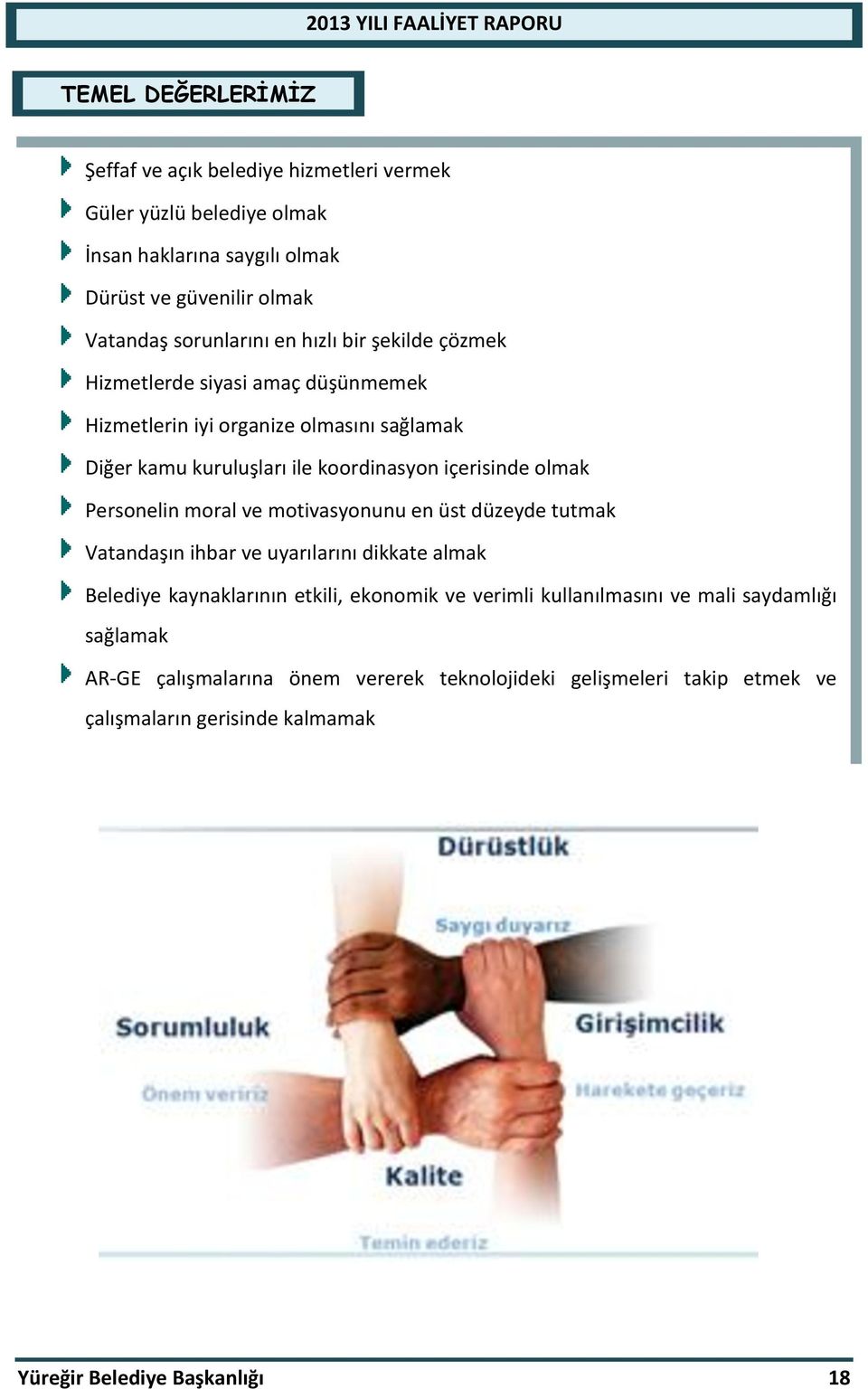 Personelin moral ve motivasyonunu en üst düzeyde tutmak Vatandaşın ihbar ve uyarılarını dikkate almak Belediye kaynaklarının etkili, ekonomik ve verimli