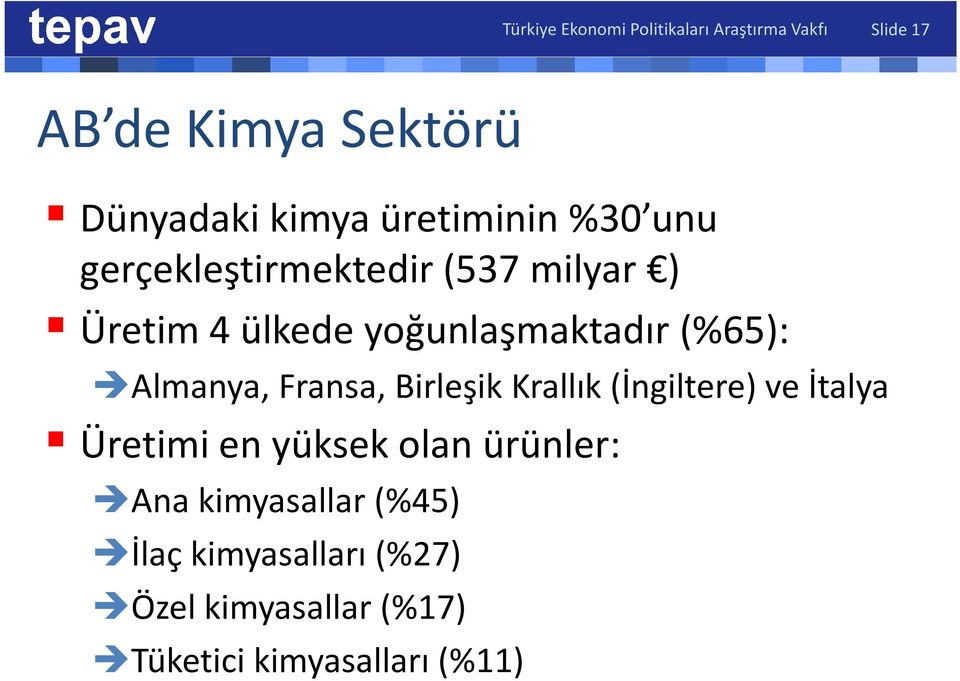 yoğunlaşmaktadır (%65): Almanya, Fransa, Birleşik Krallık (İngiltere) ve İtalya Üretimi en