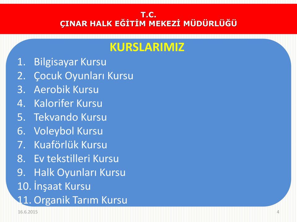 Voleybol Kursu 7. Kuaförlük Kursu 8. Ev tekstilleri Kursu 9.