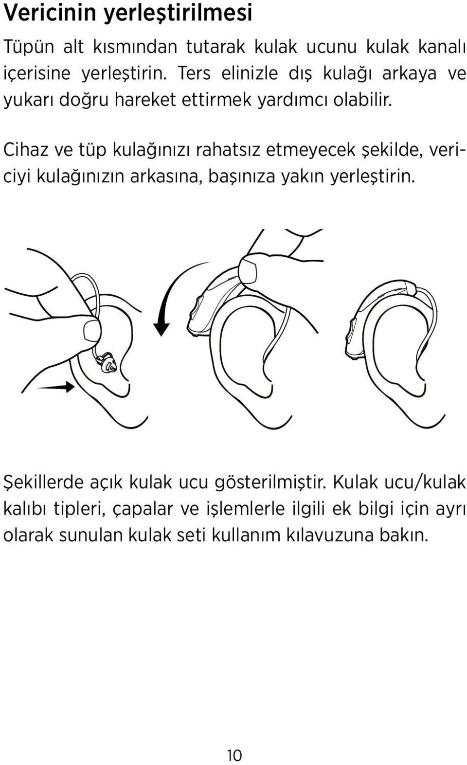 Cihaz ve tüp kulağınızı rahatsız etmeyecek şekilde, vericiyi kulağınızın arkasına, başınıza yakın yerleştirin.