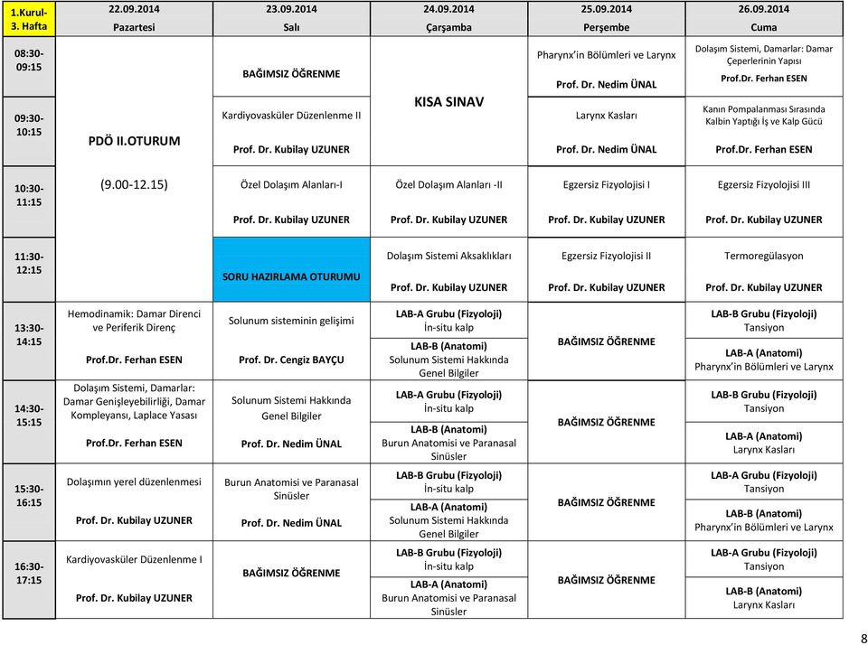 Dr. Kubilay UZUNER Prof. Dr. Nedim ÜNAL Prof.Dr. Ferhan ESEN (9.00-12.15) Özel Dolaşım Alanları-I Özel Dolaşım Alanları -II Egzersiz Fizyolojisi I Egzersiz Fizyolojisi III Prof. Dr. Kubilay UZUNER Prof. Dr. Kubilay UZUNER Prof. Dr. Kubilay UZUNER Prof. Dr. Kubilay UZUNER SORU HAZIRLAMA OTURUMU Dolaşım Sistemi Aksaklıkları Egzersiz Fizyolojisi II Termoregülasyon Prof.