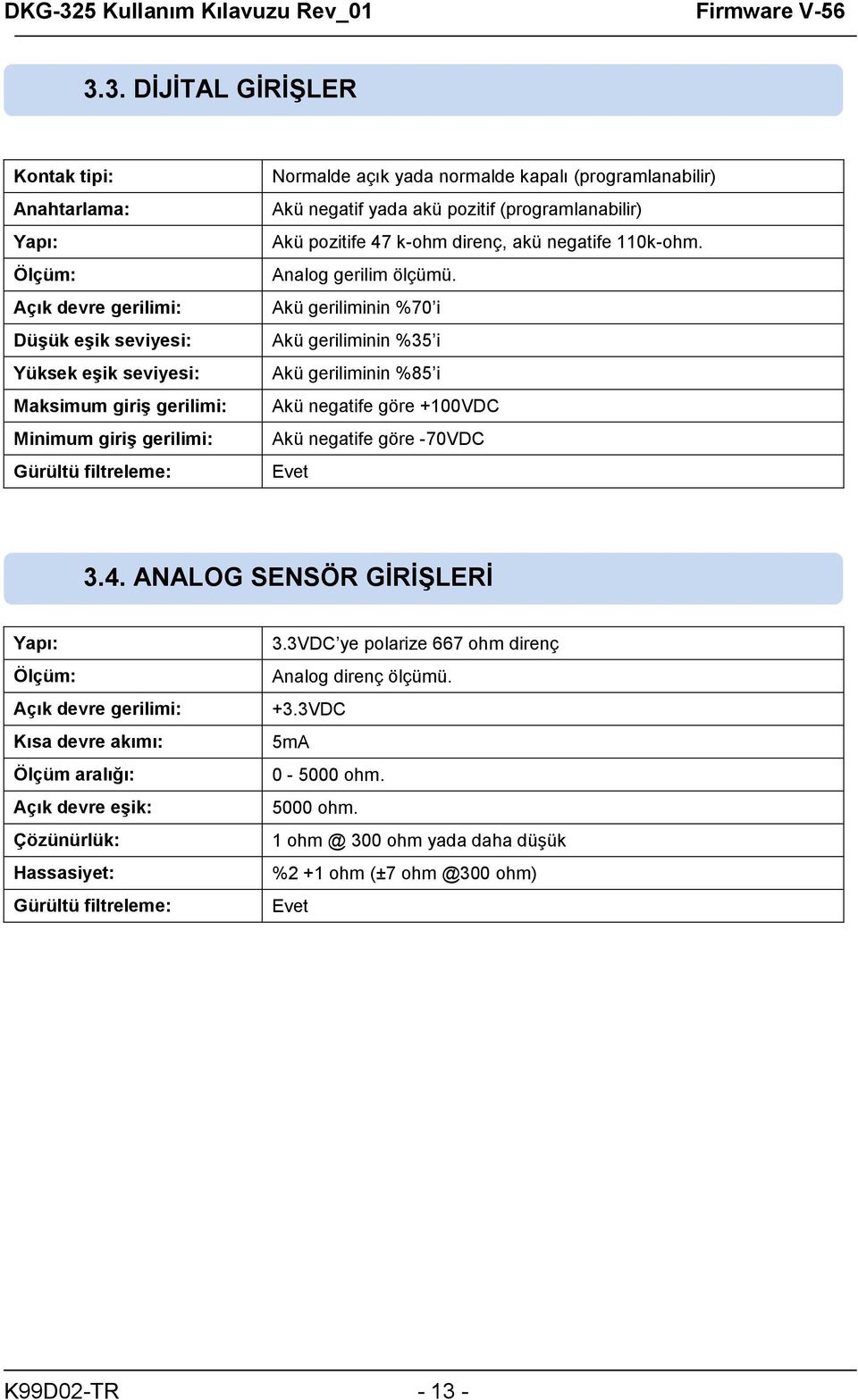 Akü geriliminin %70 i Akü geriliminin %35 i Akü geriliminin %85 i Akü negatife göre +100VDC Akü negatife göre -70VDC Evet 3.4.