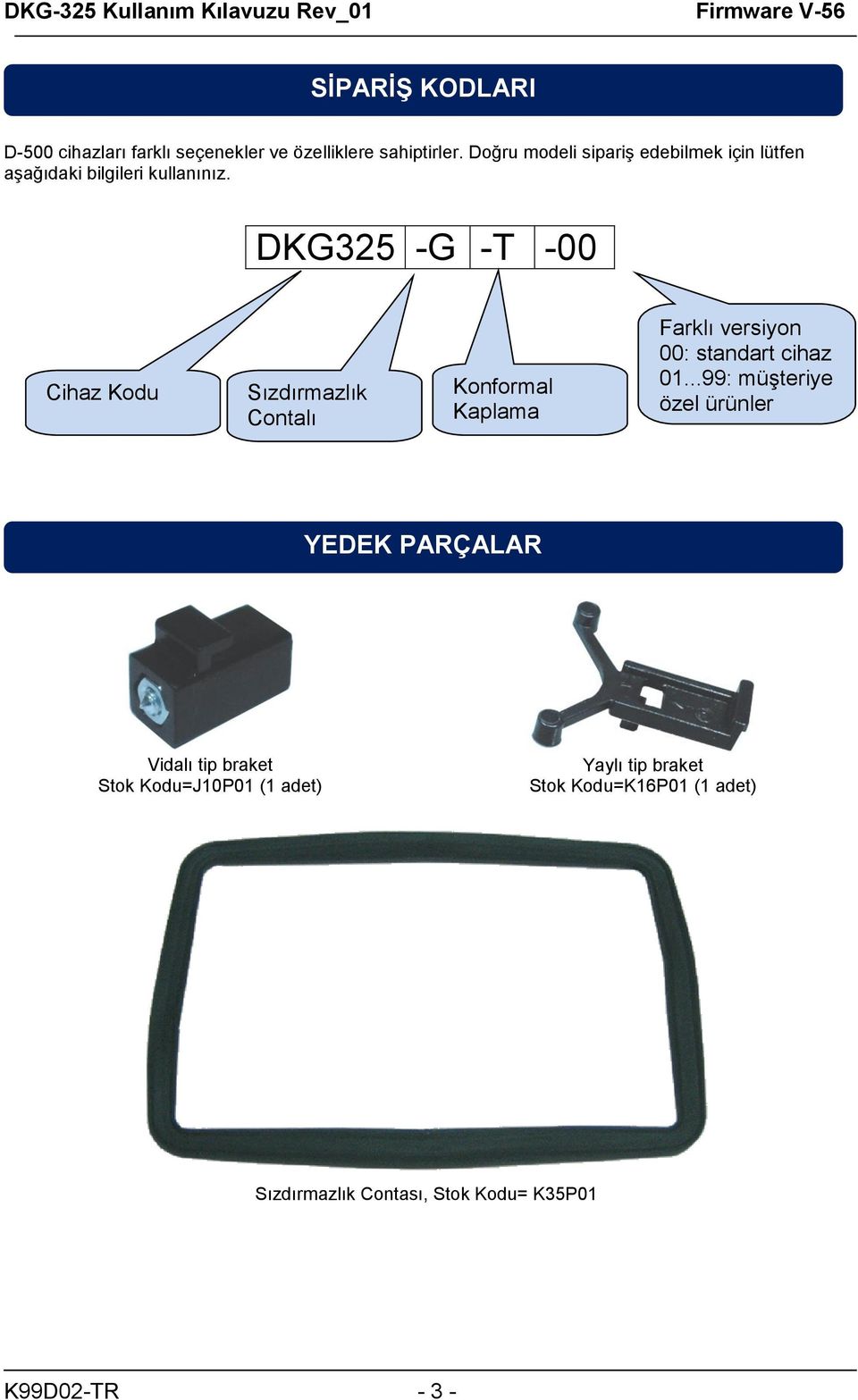 DKG325 -G -T -00 Cihaz Kodu Sızdırmazlık Contalı Konformal Kaplama Coating Farklı versiyon 00: standart cihaz 01.