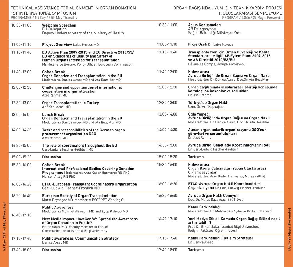 Gün / 29 Mayıs Perşembe 10:30-11:00 Welcome Speeches EU Delegation Deputy Undersecretary of the Ministry of Health 10:30-11:00 Açılış Konuşmaları AB Delegasyonu Sağlık Bakanlığı Müsteşar Yrd.