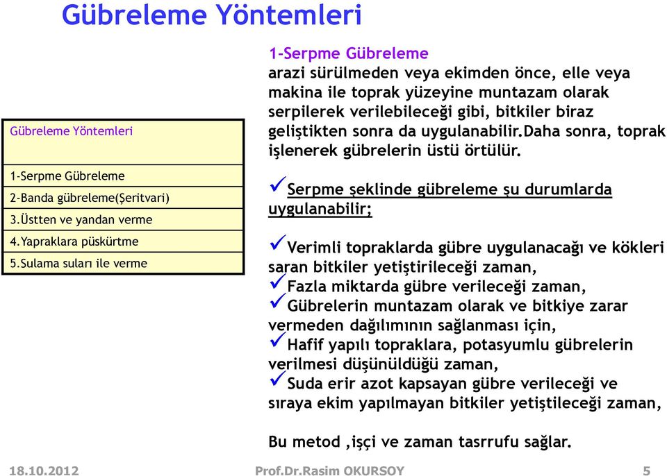 uygulanabilir.daha sonra, toprak işlenerek gübrelerin üstü örtülür.