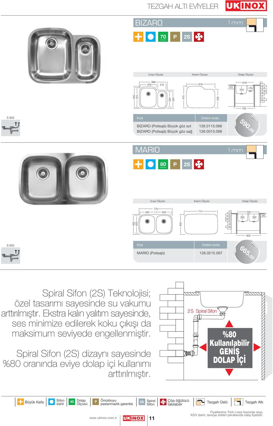 00 Spiral Sifon (2S) Teknolojisi; özel tasarımı sayesinde su vakumu artt r lm flt r. Ekstra kal n yal t m sayesinde, ses minimize edilerek koku ç k fl da maksimum seviyede engellenmifltir.