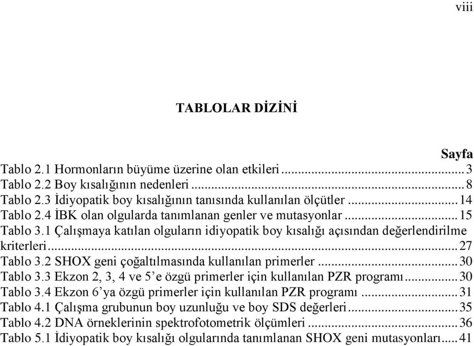 2 SHOX geni çoğaltılmasında kullanılan primerler... 30 Tablo 3.3 Ekzon 2, 3, 4 ve 5 e özgü primerler için kullanılan PZR programı... 30 Tablo 3.4 Ekzon 6 ya özgü primerler için kullanılan PZR programı.