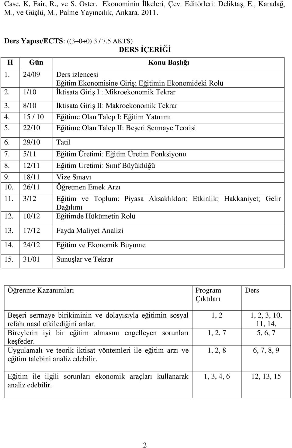 8/10 İktisata Giriş II: Makroekonomik Tekrar 4. 15 / 10 Eğitime Olan Talep I: Eğitim Yatırımı 5. 22/10 Eğitime Olan Talep II: Beşeri Sermaye Teorisi 6. 29/10 Tatil 7.