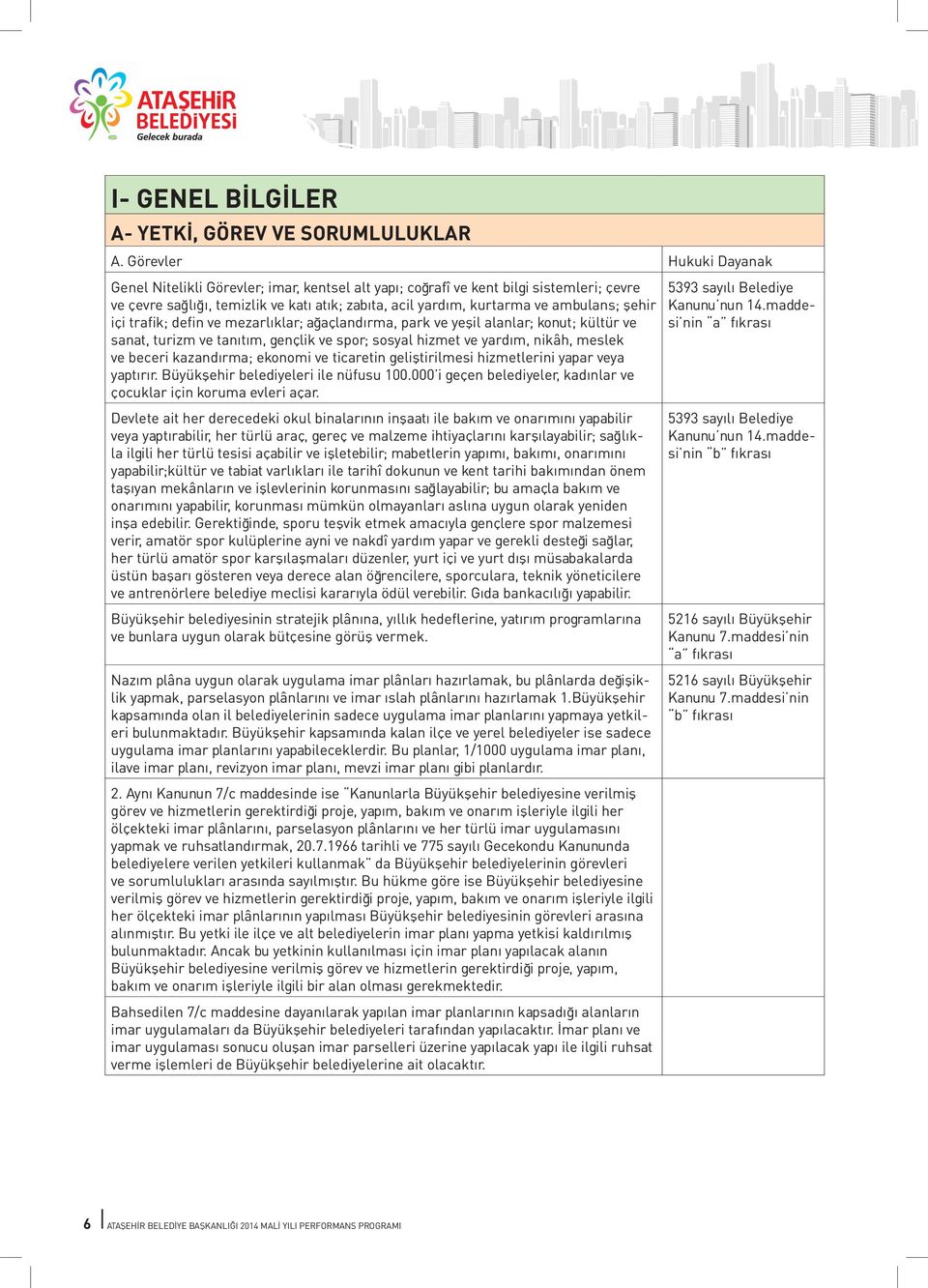 şehir içi trafik; defin ve mezarlıklar; ağaçlandırma, park ve yeşil alanlar; konut; kültür ve sanat, turizm ve tanıtım, gençlik ve spor; sosyal hizmet ve yardım, nikâh, meslek ve beceri kazandırma;