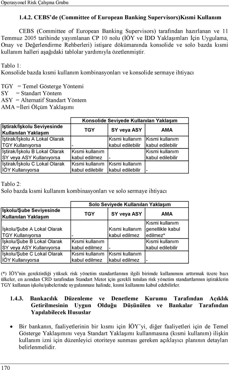 Yaklaşımları Đçin Uygulama, Onay ve Değerlendirme Rehberleri) istişare dökümanında konsolide ve solo bazda kısmi kullanım halleri aşağıdaki tablolar yardımıyla özetlenmiştir.