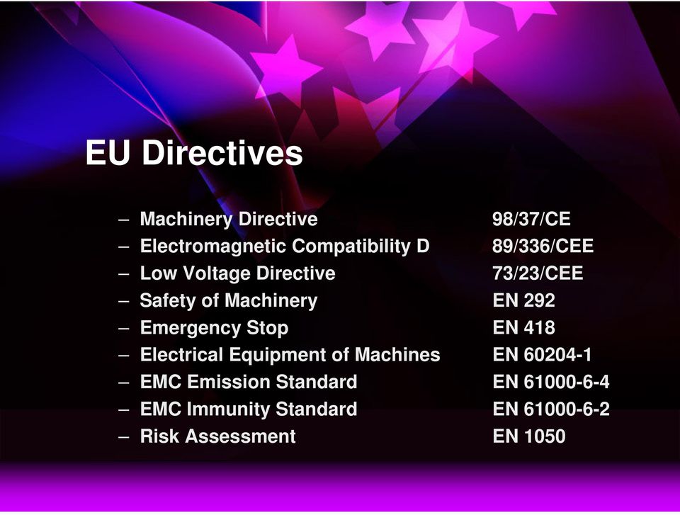 Emergency Stop EN 418 Electrical Equipment of Machines EN 60204-1 EMC