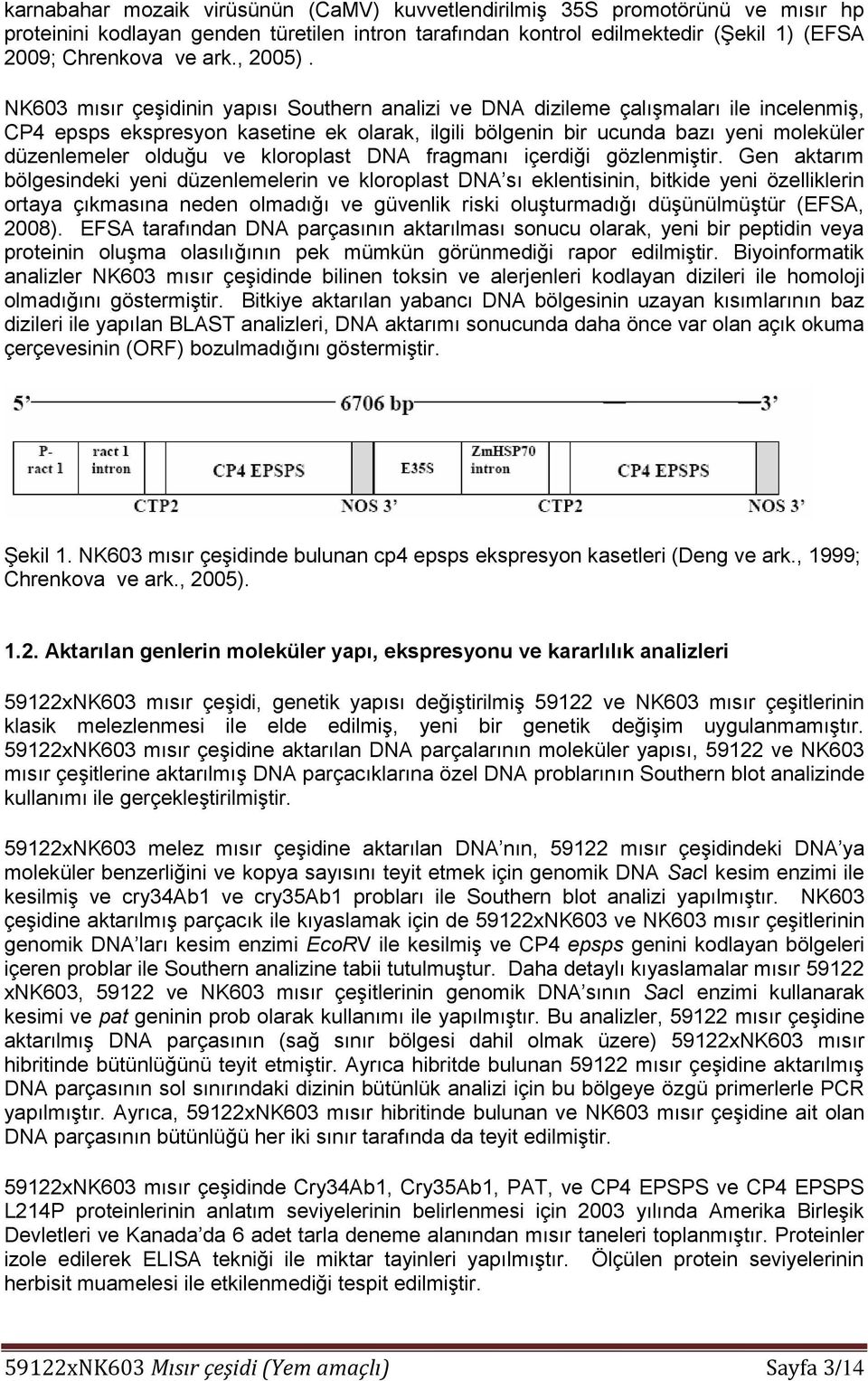 NK603 mısır çeşidinin yapısı Southern analizi ve DNA dizileme çalışmaları ile incelenmiş, CP4 epsps ekspresyon kasetine ek olarak, ilgili bölgenin bir ucunda bazı yeni moleküler düzenlemeler olduğu