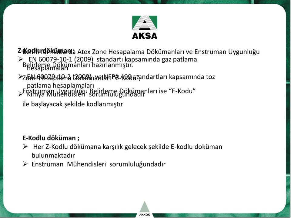 Zone EN 60079-10-2 Hesaplama (2009) Dökümanları ve NFPA Z-Kodu, 499 standartları kapsamında toz patlama hesaplamaları Enstruman Kimya